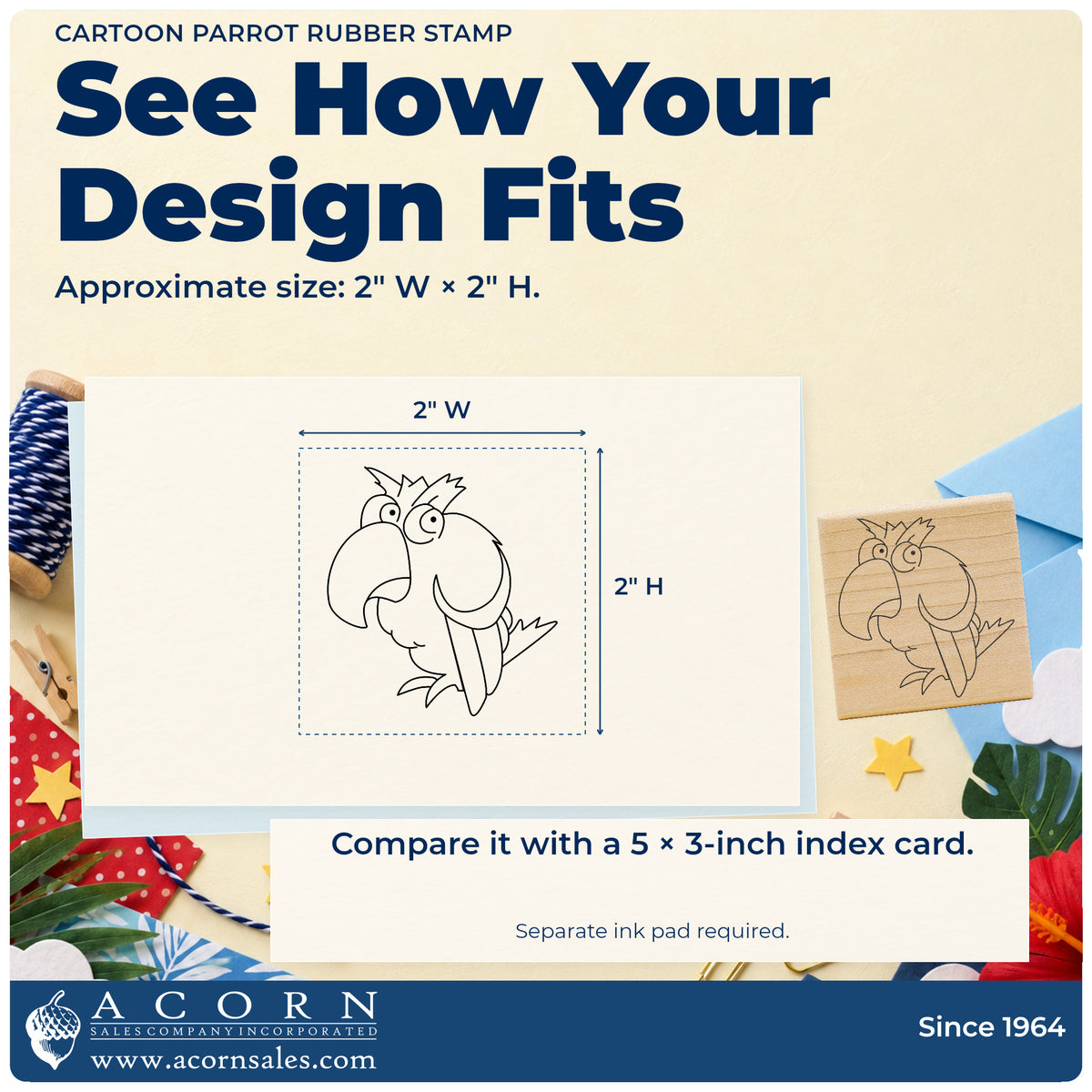 Cartoon Parrot Rubber Stamp impression-size guide showing the design on a paper reference with dimension labels.