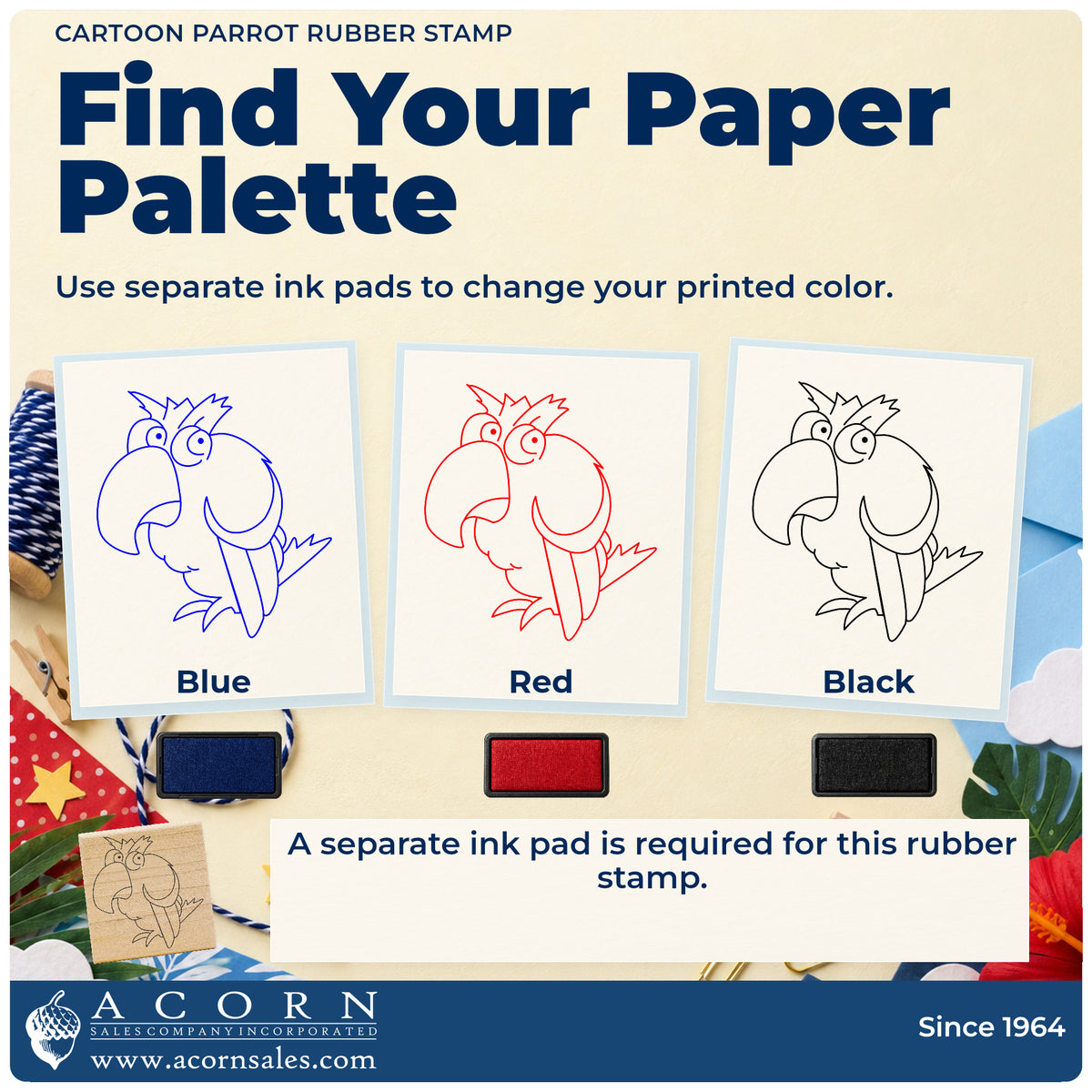 Cartoon Parrot Rubber Stamp ink-color infographic comparing three single-color impressions and a separate ink pad.
