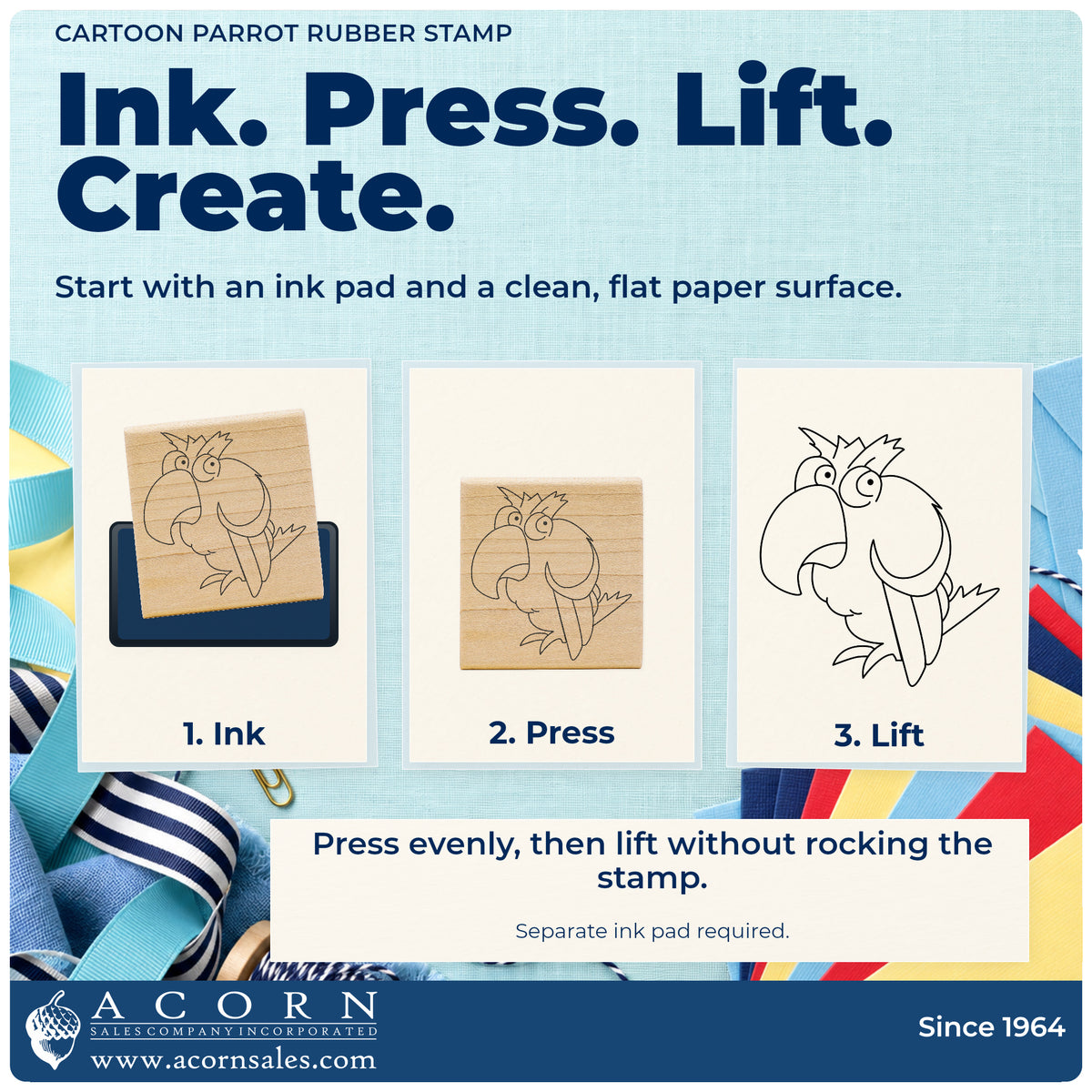 Cartoon Parrot Rubber Stamp stamping guide illustrating how to ink, press and lift the stamp.