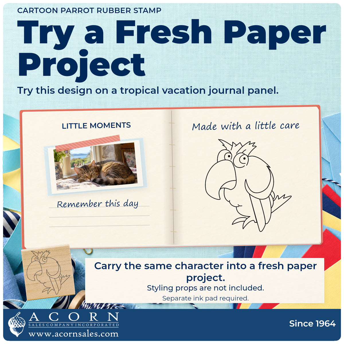 Cartoon Parrot Rubber Stamp project inspiration: tropical vacation journal panel.