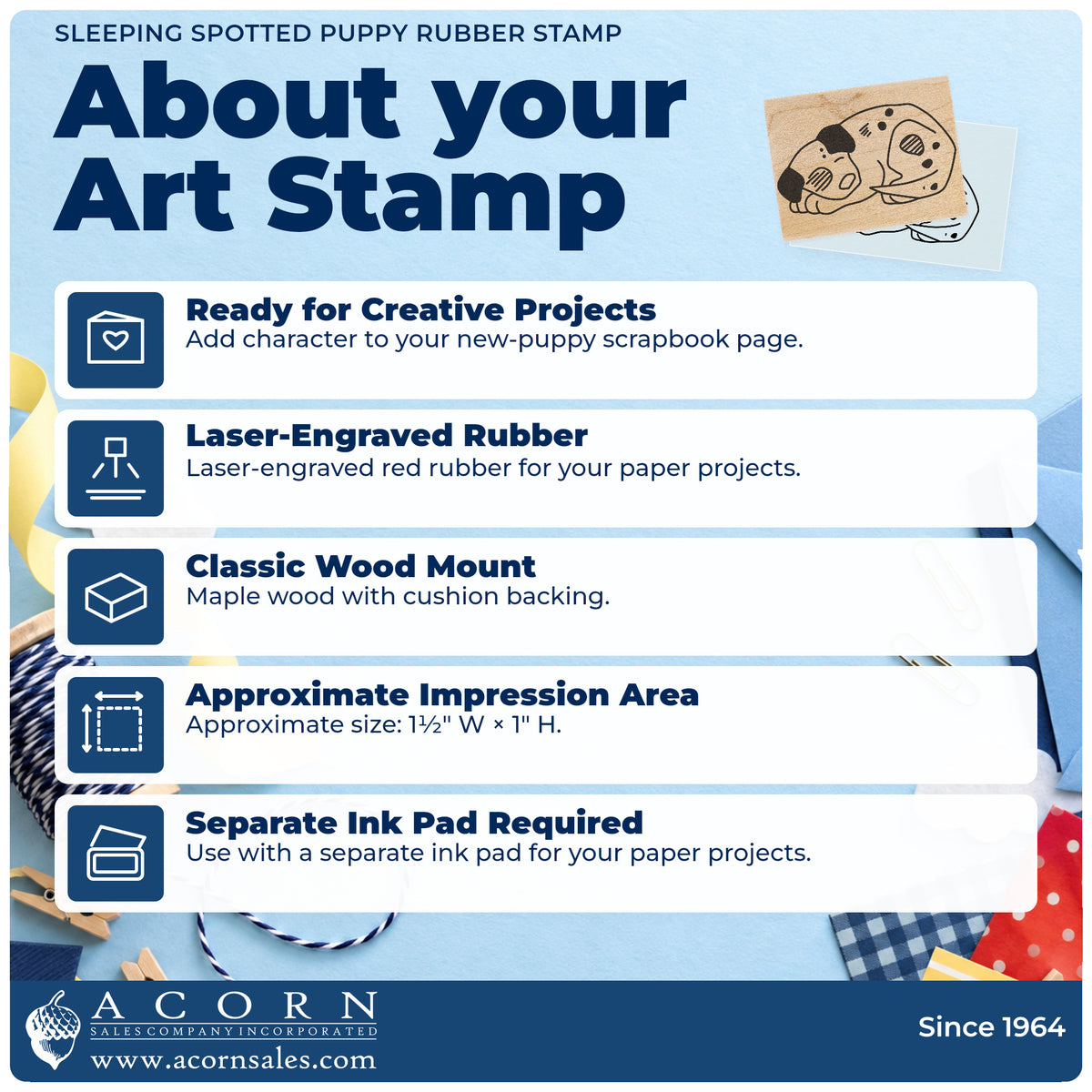 Sleeping Spotted Puppy Rubber Stamp feature guide covering the wood mount, rubber construction, approximate size and separate ink pad.