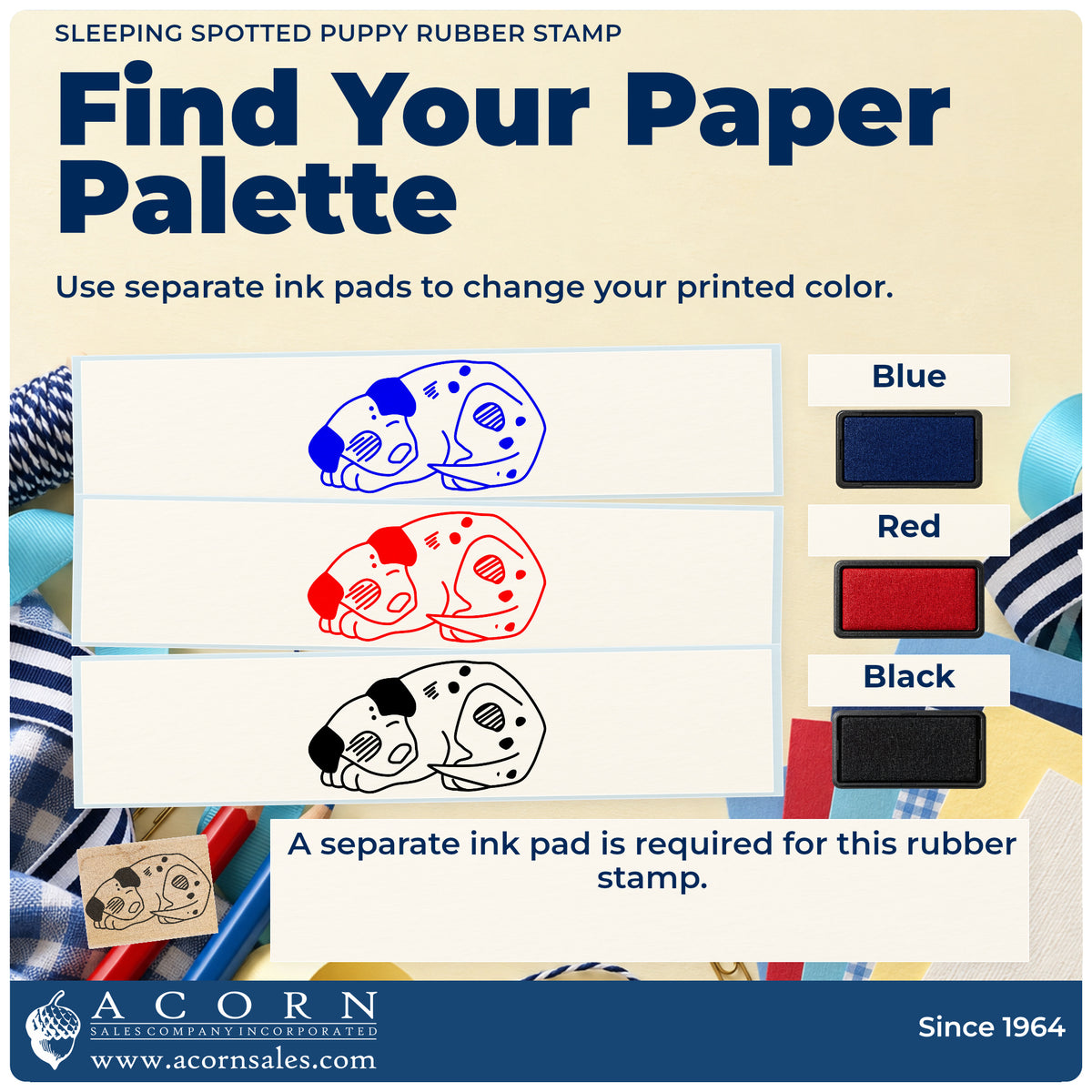 Sleeping Spotted Puppy Rubber Stamp ink-color infographic comparing three single-color impressions and a separate ink pad.