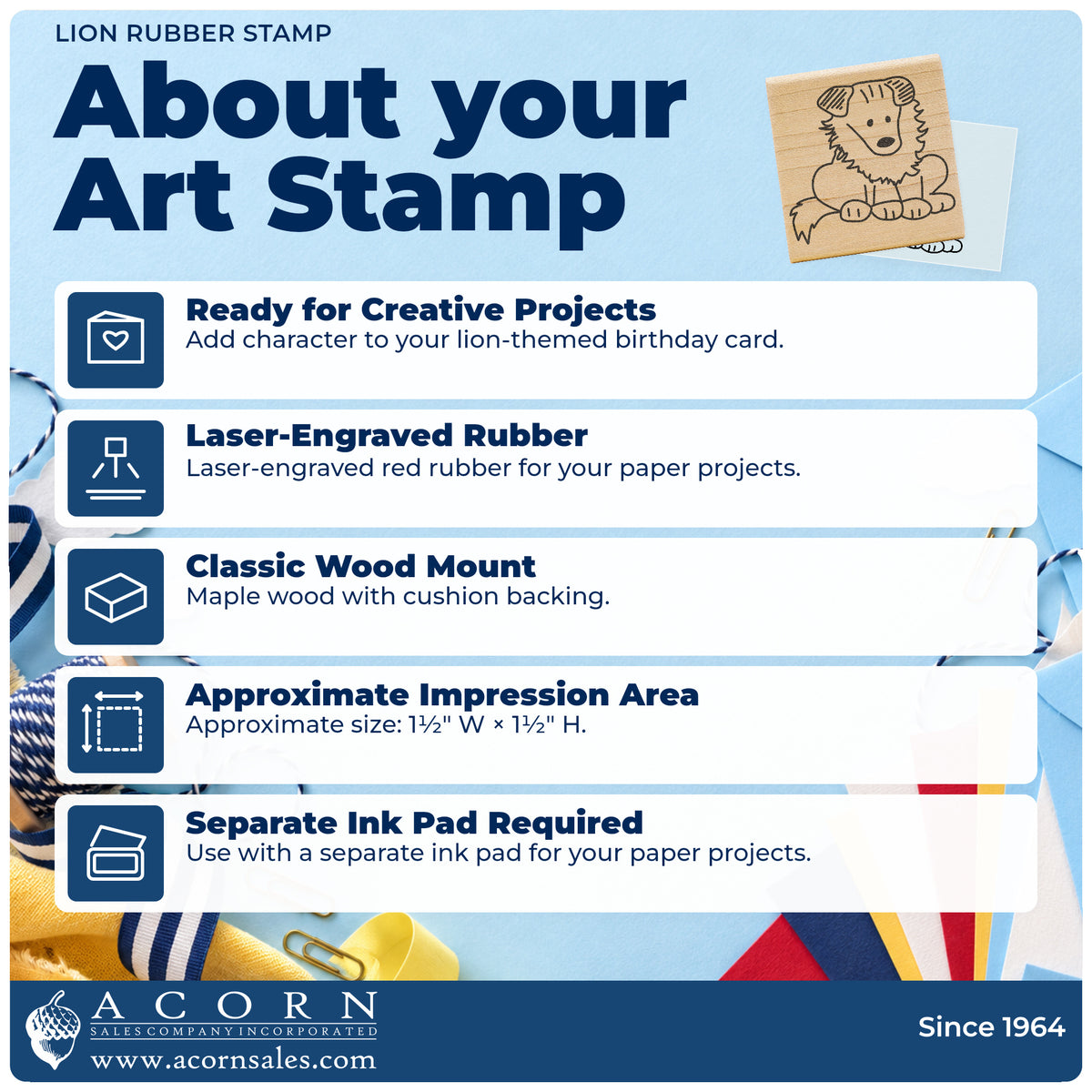 Lion Rubber Stamp feature guide covering the wood mount, rubber construction, approximate size and separate ink pad.