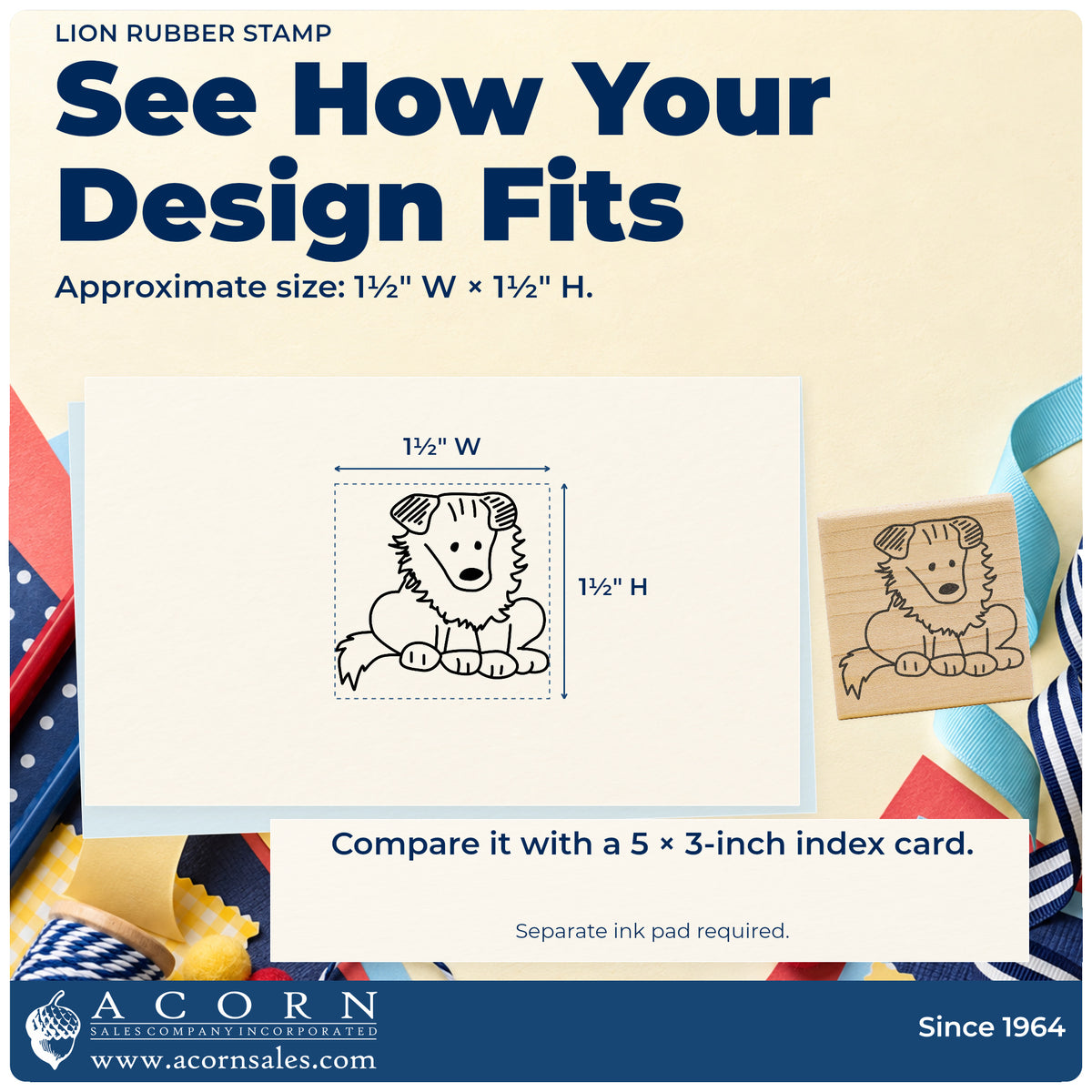 Lion Rubber Stamp impression-size guide showing the design on a paper reference with dimension labels.