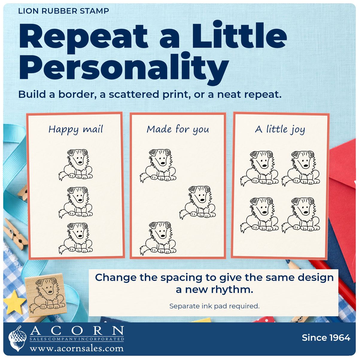 Lion Rubber Stamp pattern guide showing repeated impressions in borders, scattered prints and a grid.