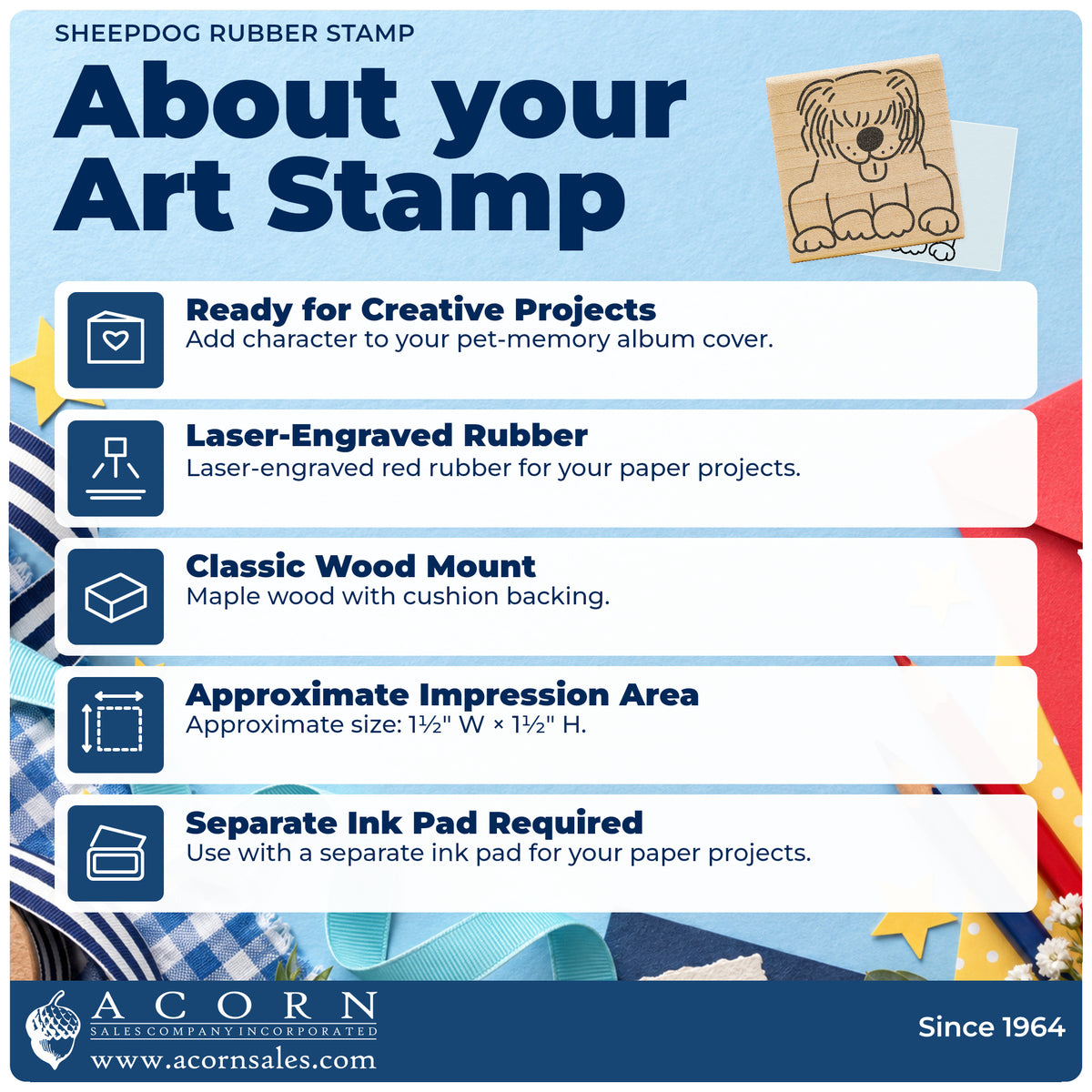 Sheepdog Rubber Stamp feature guide covering the wood mount, rubber construction, approximate size and separate ink pad.