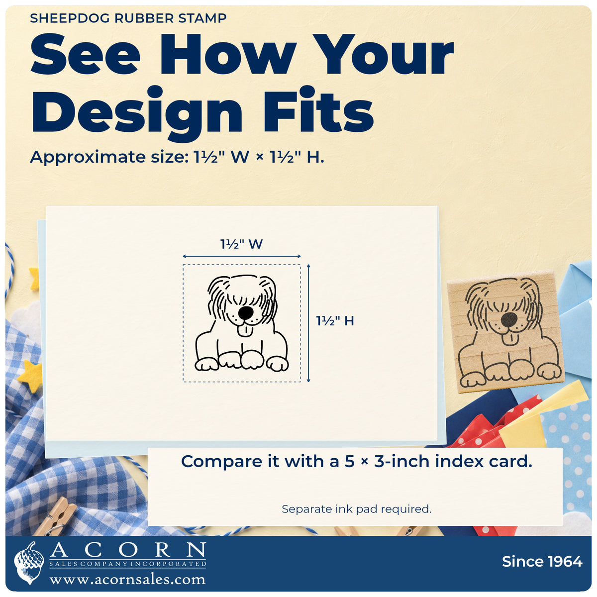 Sheepdog Rubber Stamp impression-size guide showing the design on a paper reference with dimension labels.