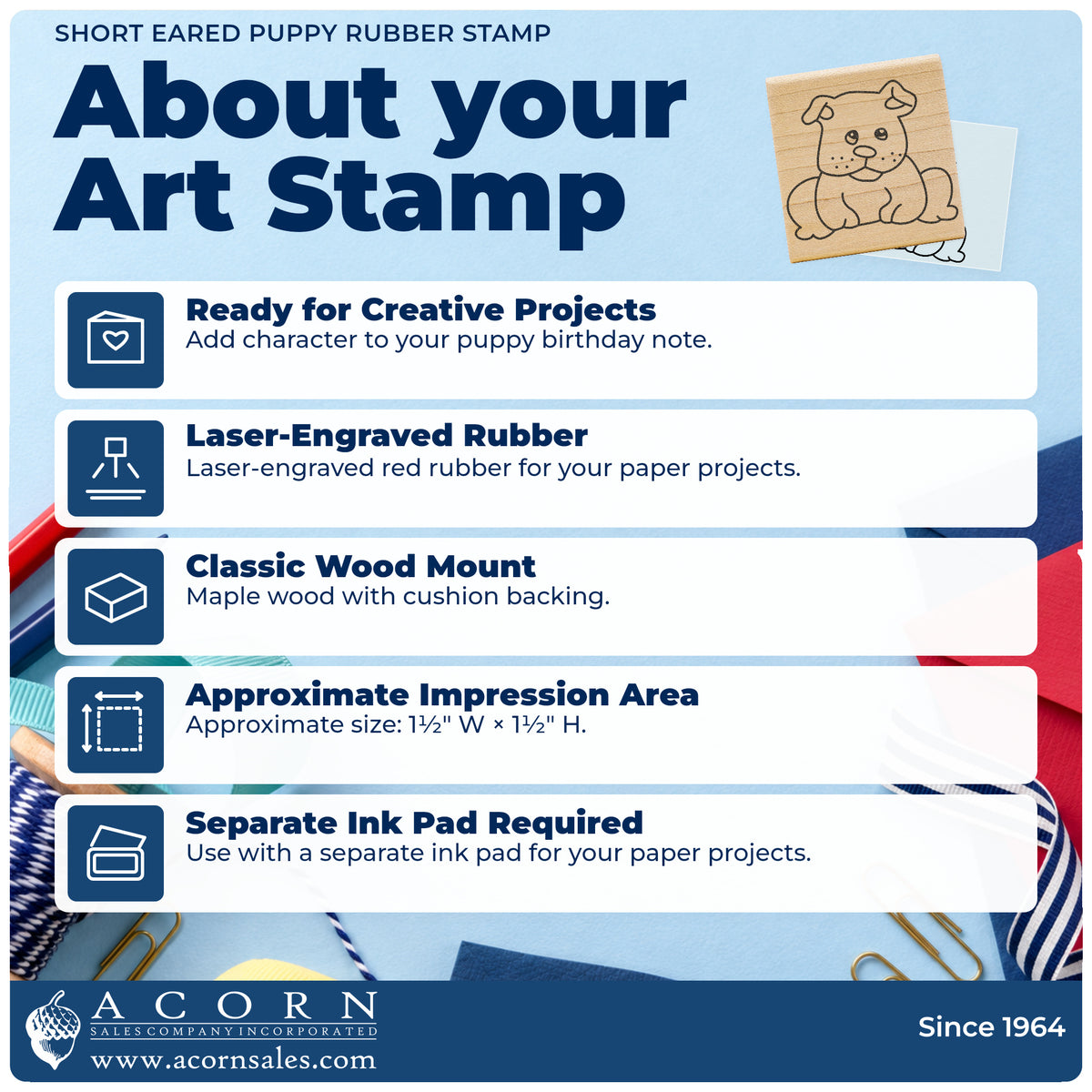 Short Eared Puppy Rubber Stamp feature guide covering the wood mount, rubber construction, approximate size and separate ink pad.