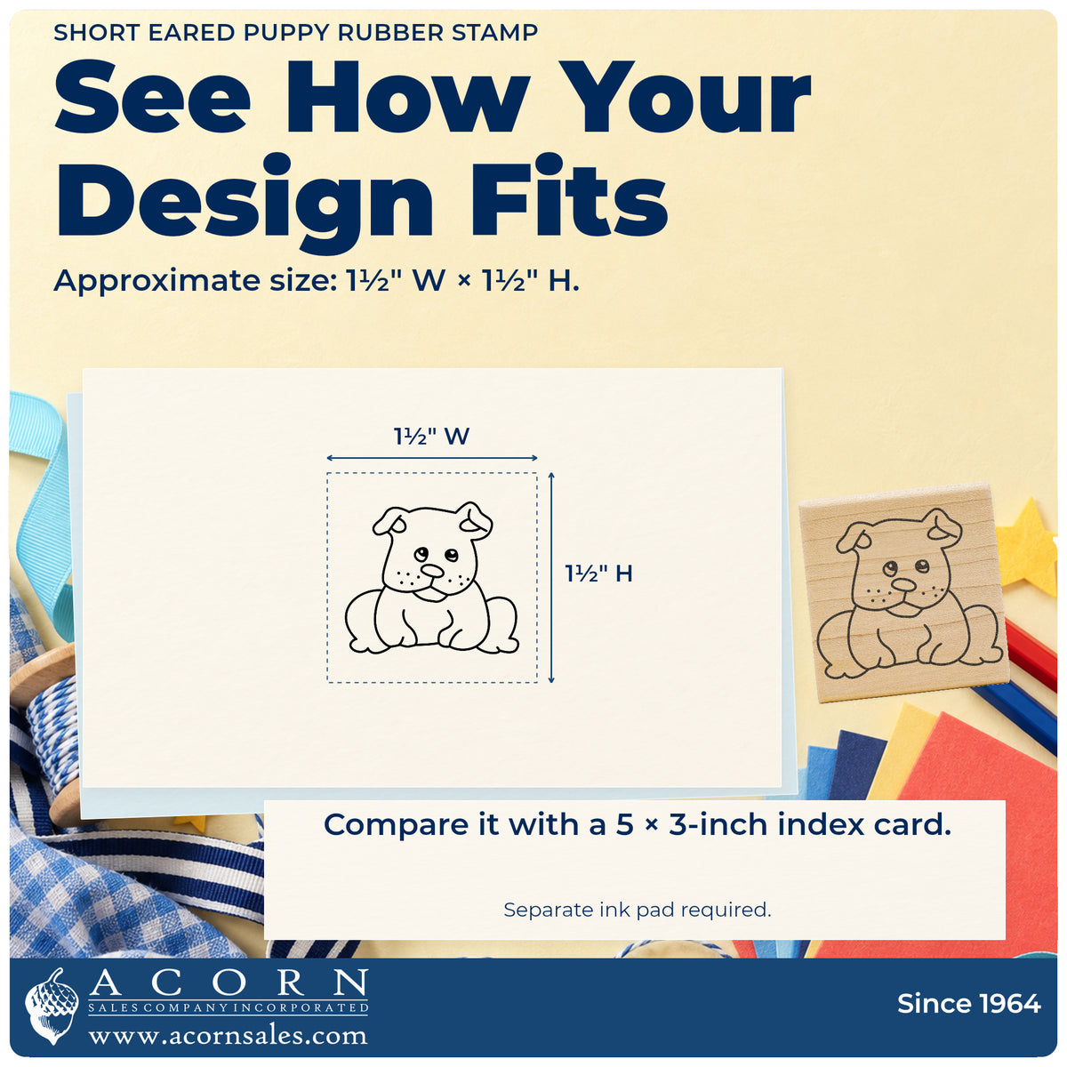 Short Eared Puppy Rubber Stamp impression-size guide showing the design on a paper reference with dimension labels.