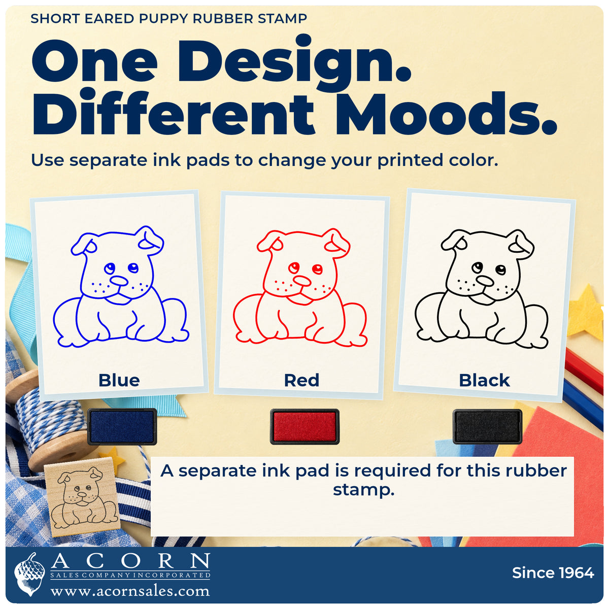 Short Eared Puppy Rubber Stamp ink-color infographic comparing three single-color impressions and a separate ink pad.