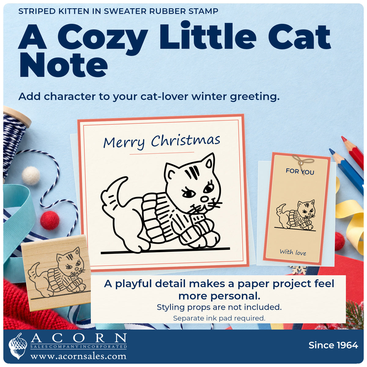 Striped Kitten in Sweater Rubber Stamp project inspiration: cat lover winter greeting.