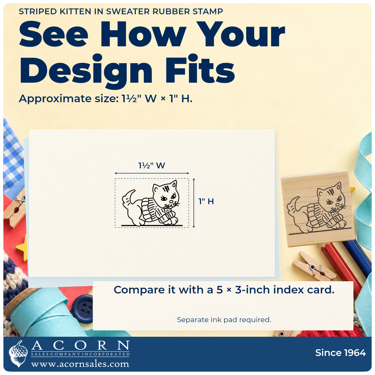 Striped Kitten in Sweater Rubber Stamp impression-size guide showing the design on a paper reference with dimension labels.