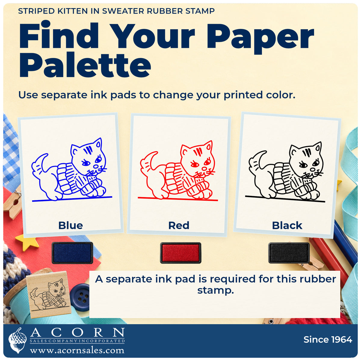 Striped Kitten in Sweater Rubber Stamp ink-color infographic comparing three single-color impressions and a separate ink pad.