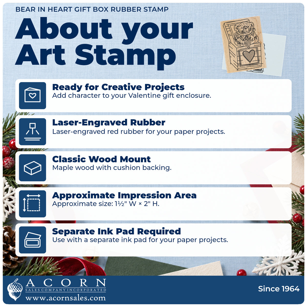 Bear in Heart Gift Box Rubber Stamp feature guide covering the wood mount, rubber construction, approximate size and separate ink pad.