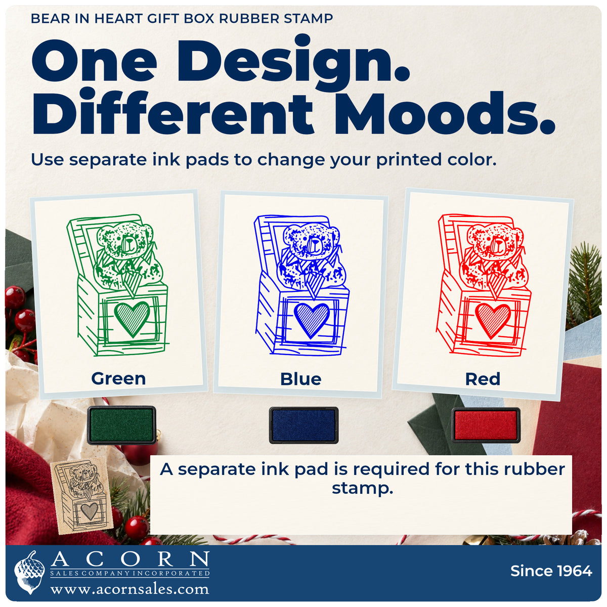 Bear in Heart Gift Box Rubber Stamp ink-color infographic comparing three single-color impressions and a separate ink pad.