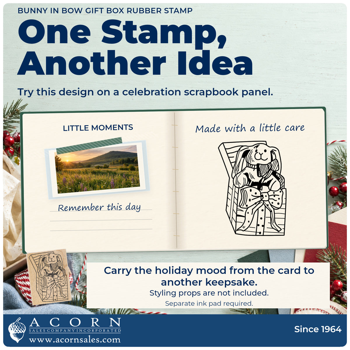Bunny in Bow Gift Box Rubber Stamp project inspiration: celebration scrapbook panel.