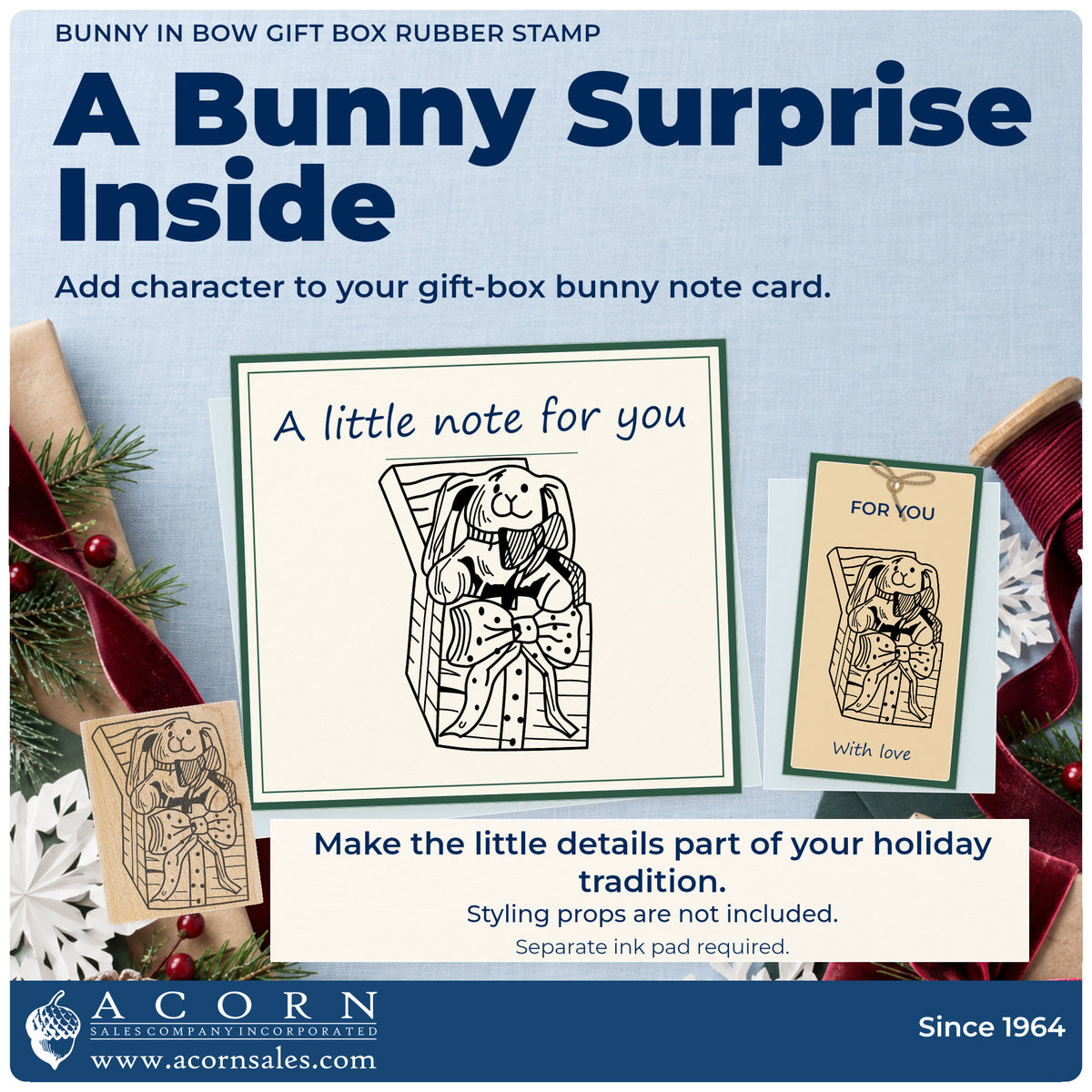 Bunny in Bow Gift Box Rubber Stamp project inspiration: gift box bunny note card.