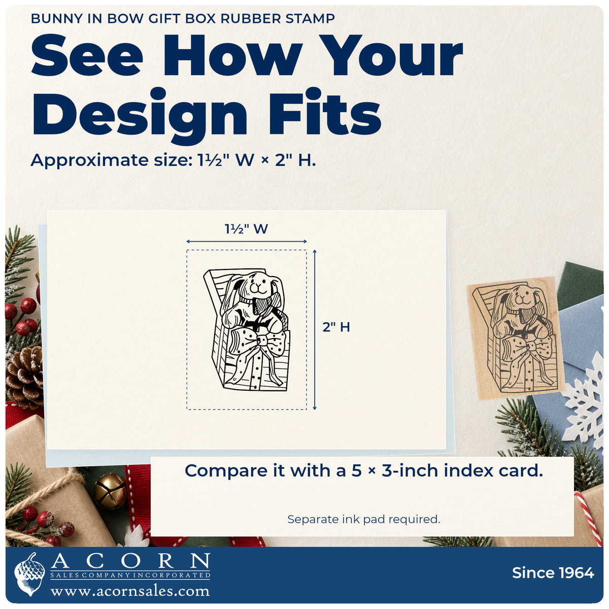 Bunny in Bow Gift Box Rubber Stamp impression-size guide showing the design on a paper reference with dimension labels.