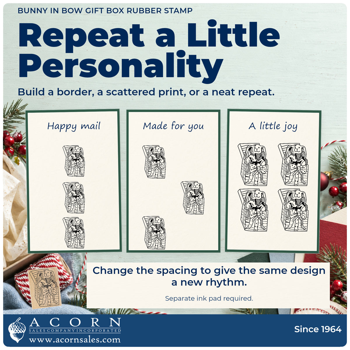 Bunny in Bow Gift Box Rubber Stamp pattern guide showing repeated impressions in borders, scattered prints and a grid.