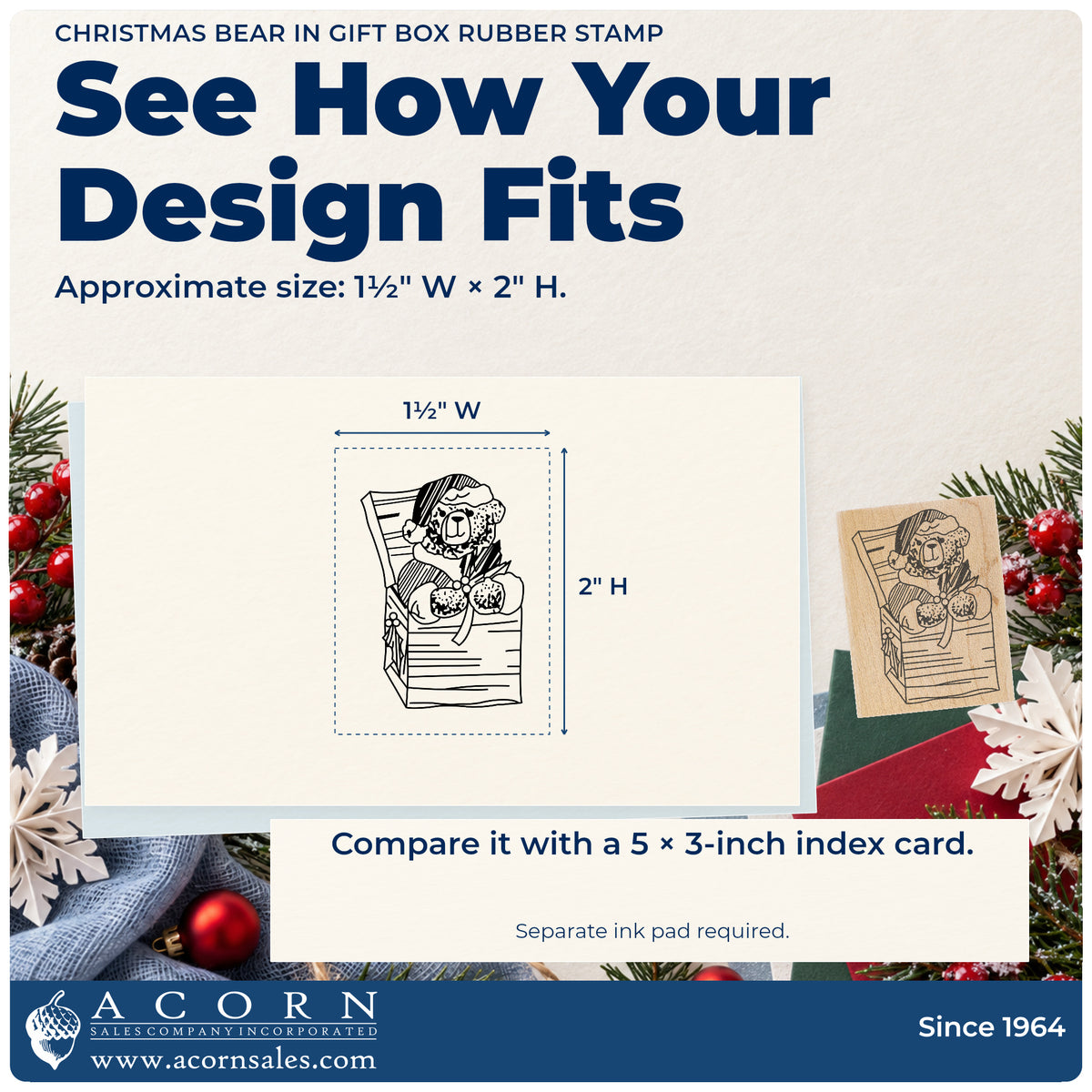 Christmas Bear in Gift Box Rubber Stamp impression-size guide showing the design on a paper reference with dimension labels.