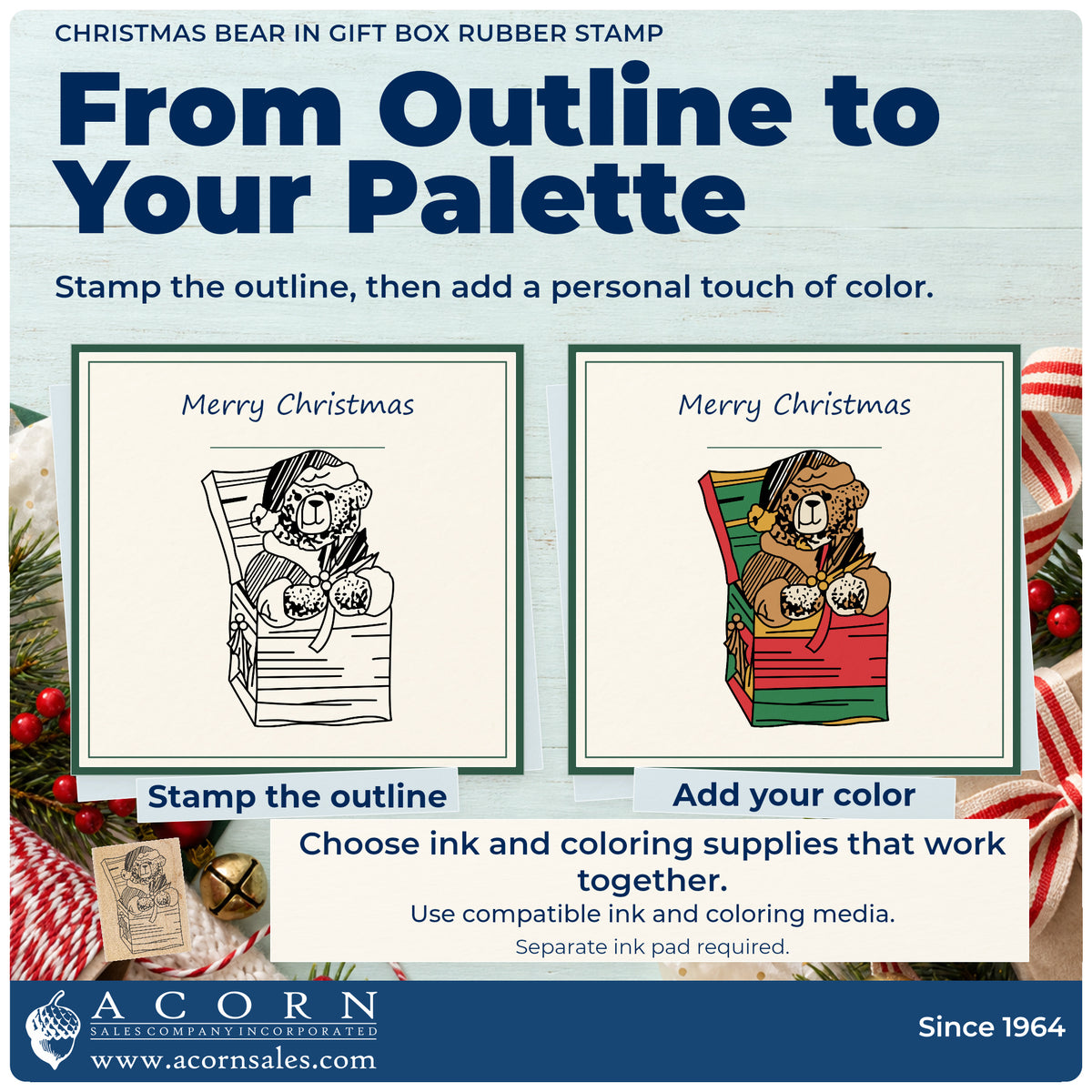 Christmas Bear in Gift Box Rubber Stamp stamp-and-color guide comparing an outline impression with a colored example.