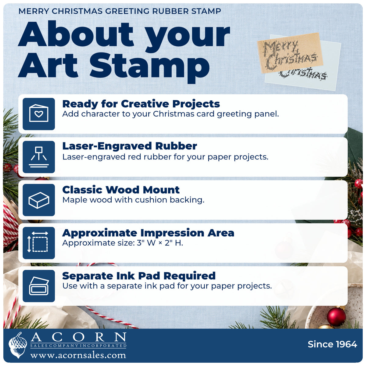 Merry Christmas Greeting Rubber Stamp feature guide covering the wood mount, rubber construction, approximate size and separate ink pad.