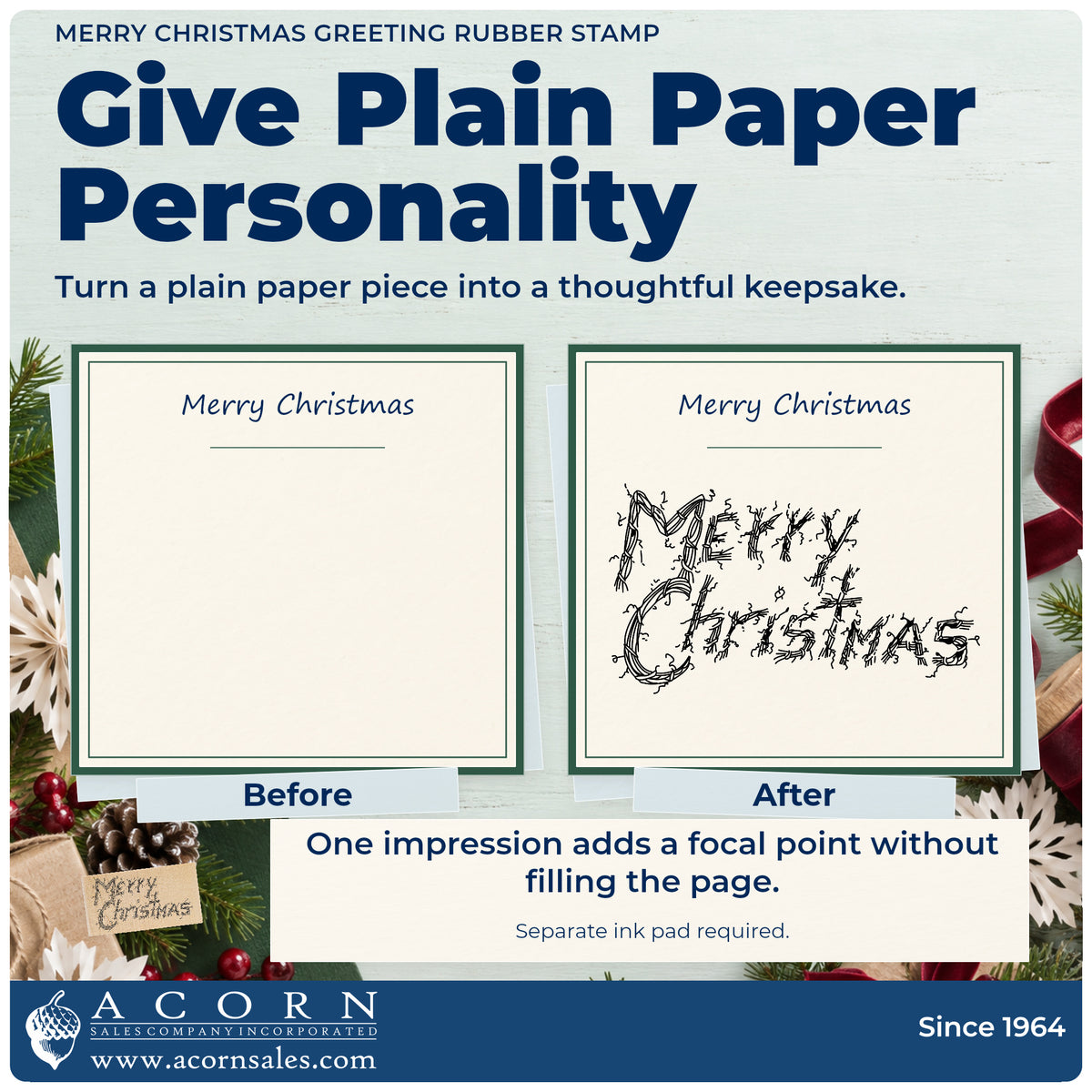 Merry Christmas Greeting Rubber Stamp before-and-after infographic comparing plain paper with the stamped project.