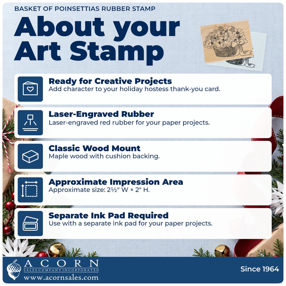 Basket of Poinsettias Rubber Stamp feature guide covering the wood mount, rubber construction, approximate size and separate ink pad.