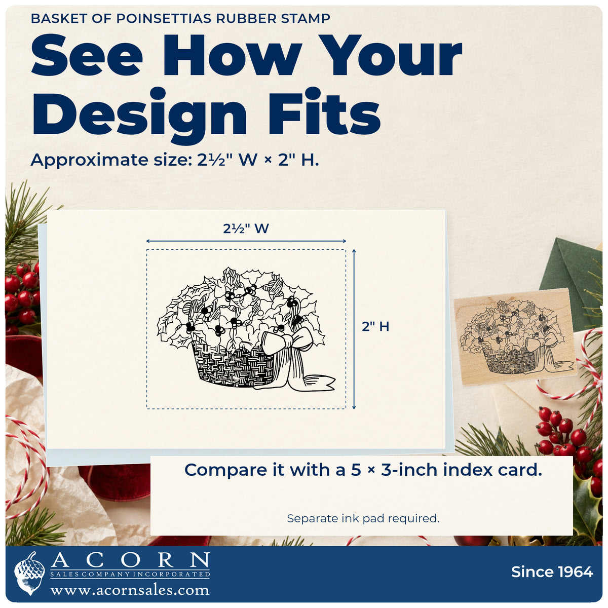 Basket of Poinsettias Rubber Stamp impression-size guide showing the design on a paper reference with dimension labels.