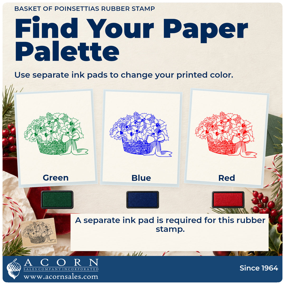 Basket of Poinsettias Rubber Stamp ink-color infographic comparing three single-color impressions and a separate ink pad.