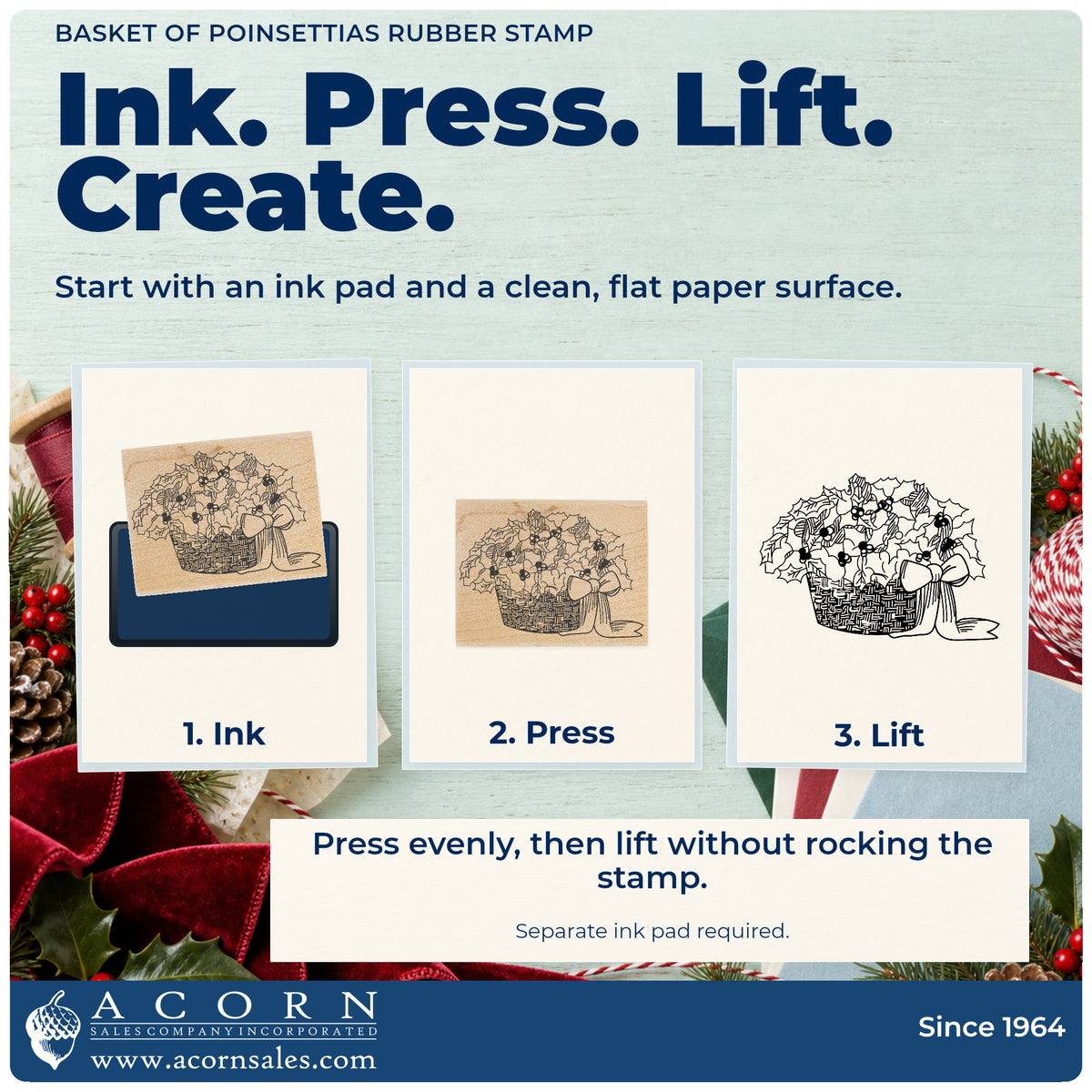 Basket of Poinsettias Rubber Stamp stamping guide illustrating how to ink, press and lift the stamp.