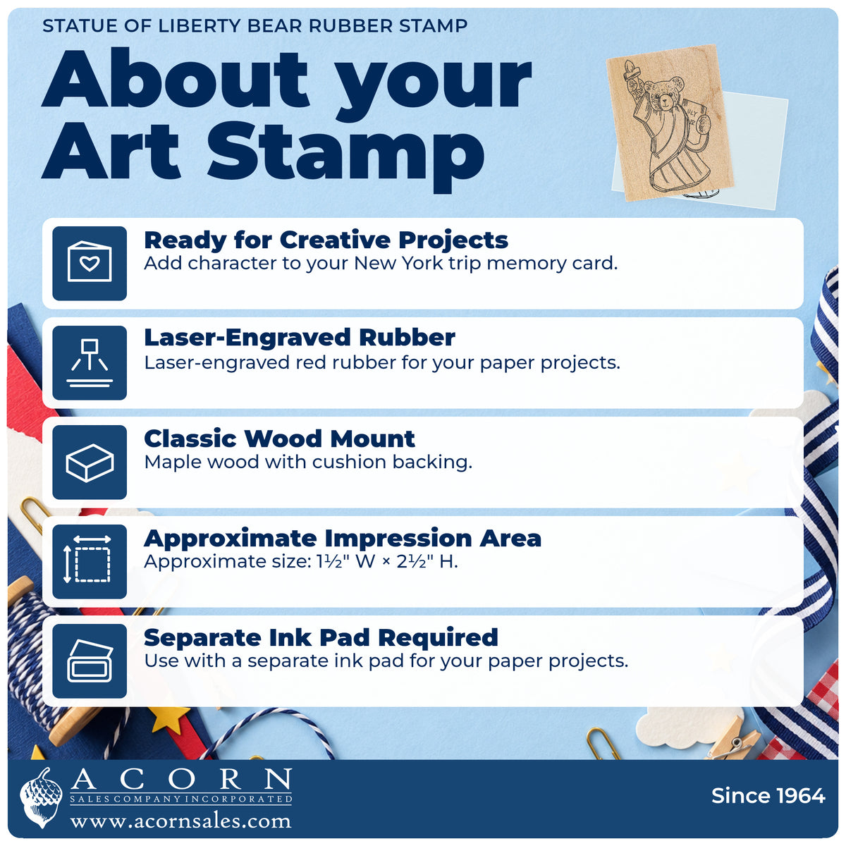 Statue of Liberty Bear Rubber Stamp feature guide covering the wood mount, rubber construction, approximate size and separate ink pad.