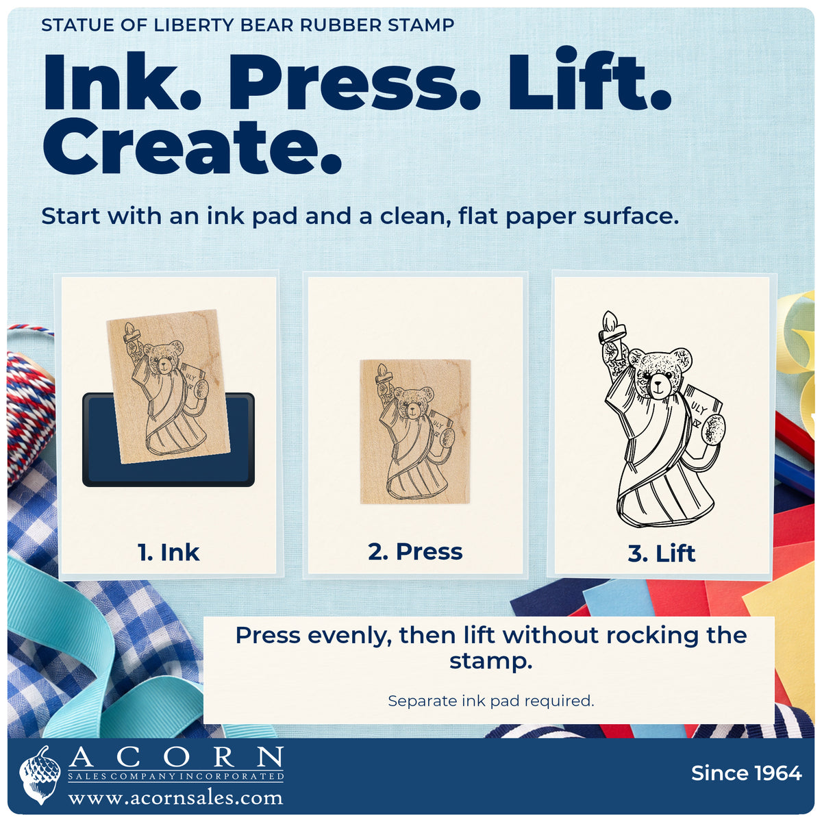 Statue of Liberty Bear Rubber Stamp stamping guide illustrating how to ink, press and lift the stamp.