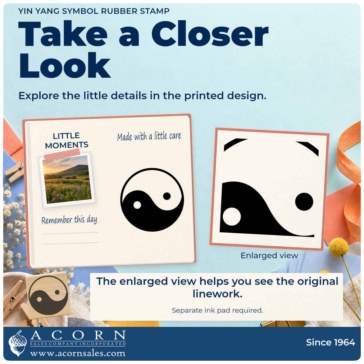 Yin Yang Symbol Rubber Stamp detail infographic with an enlarged view of the printed design.