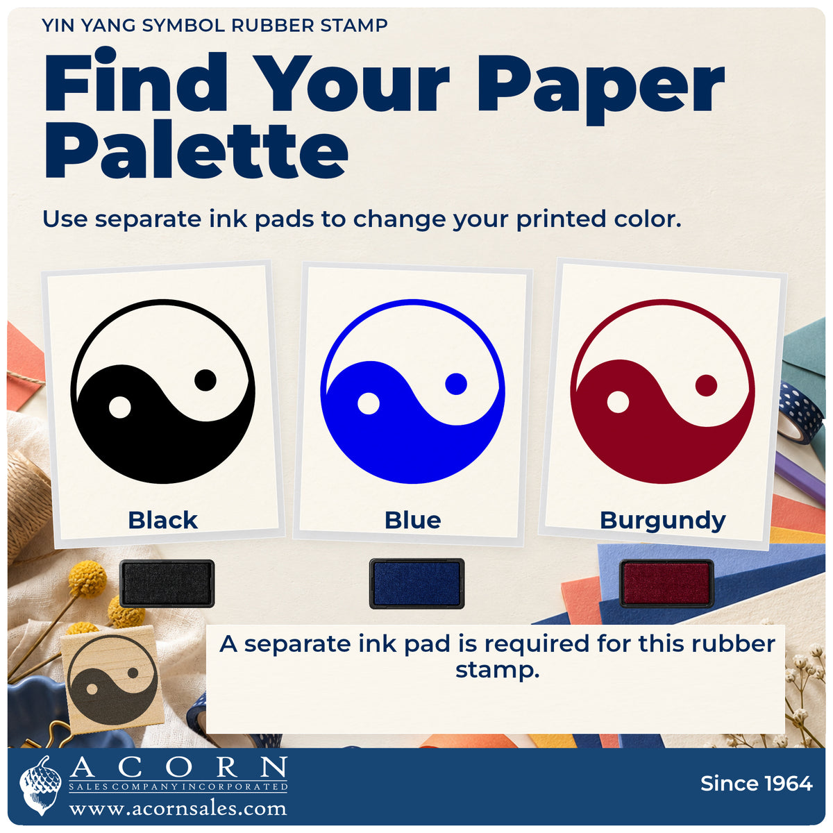 Yin Yang Symbol Rubber Stamp ink-color infographic comparing three single-color impressions and a separate ink pad.