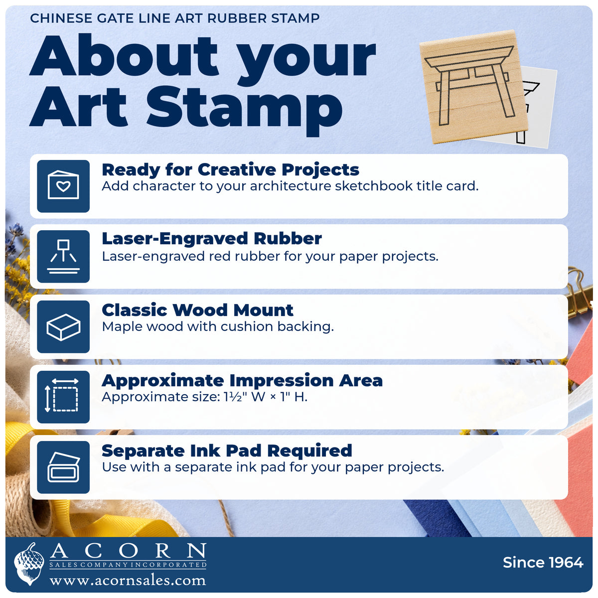 Chinese Gate Line Art Rubber Stamp feature guide covering the wood mount, rubber construction, approximate size and separate ink pad.