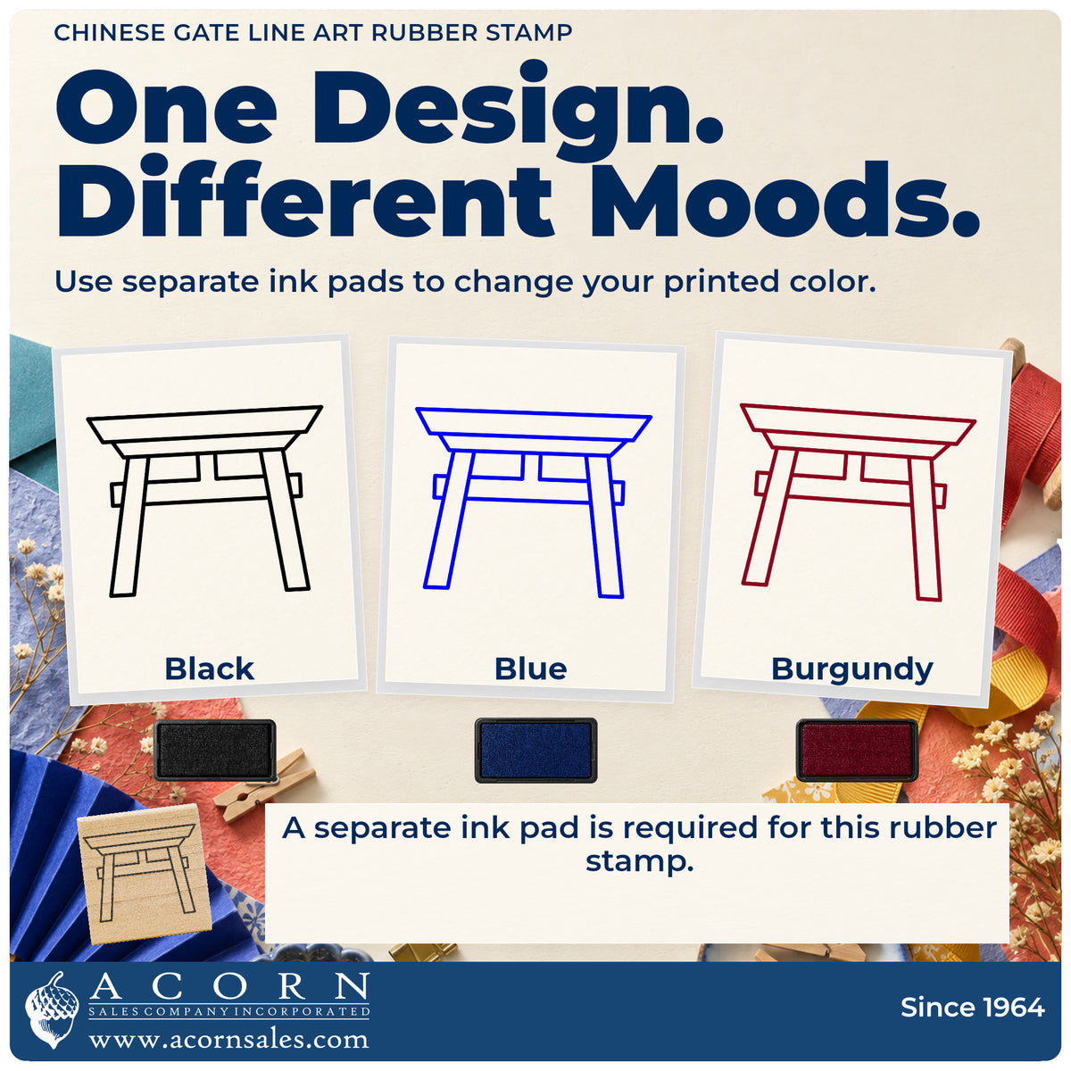Chinese Gate Line Art Rubber Stamp ink-color infographic comparing three single-color impressions and a separate ink pad.