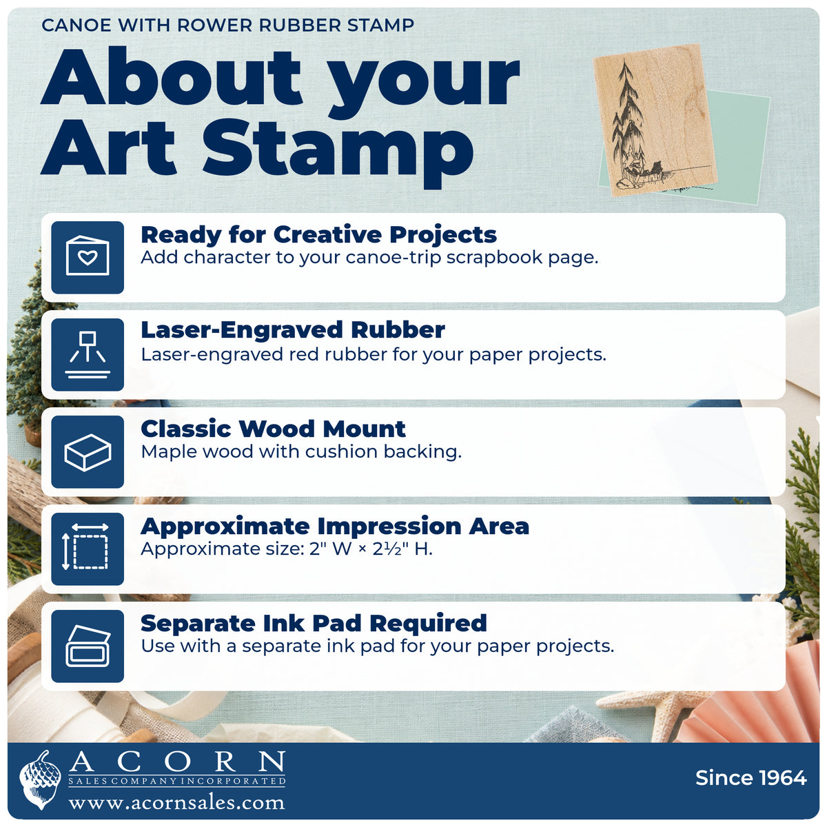 Canoe with Rower Rubber Stamp feature guide covering the wood mount, rubber construction, approximate size and separate ink pad.