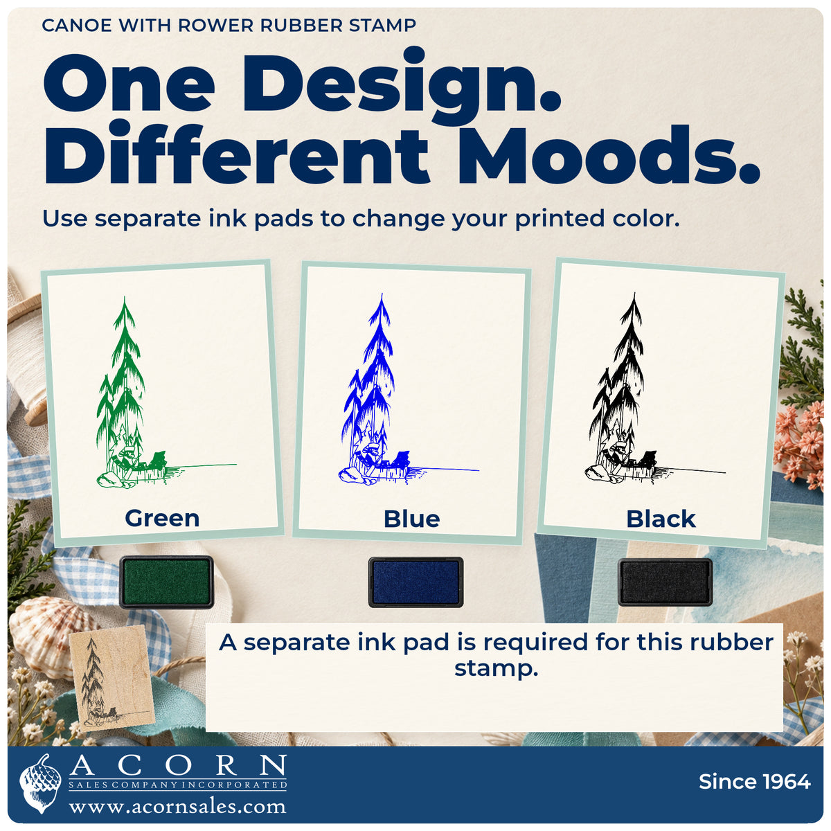 Canoe with Rower Rubber Stamp ink-color infographic comparing three single-color impressions and a separate ink pad.