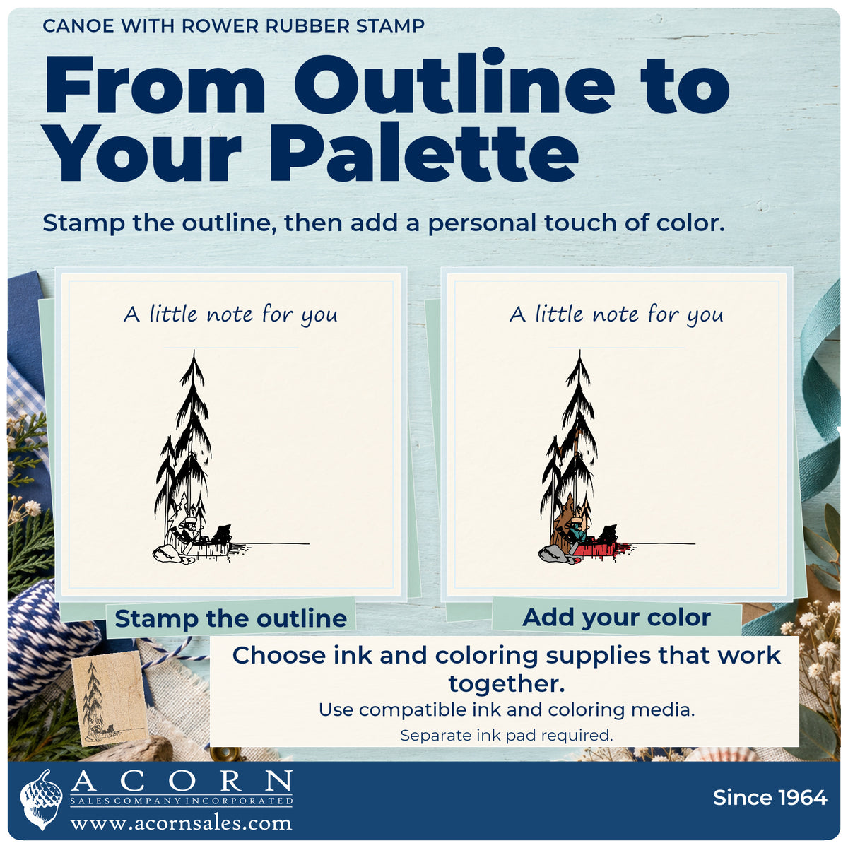 Canoe with Rower Rubber Stamp stamp-and-color guide comparing an outline impression with a colored example.