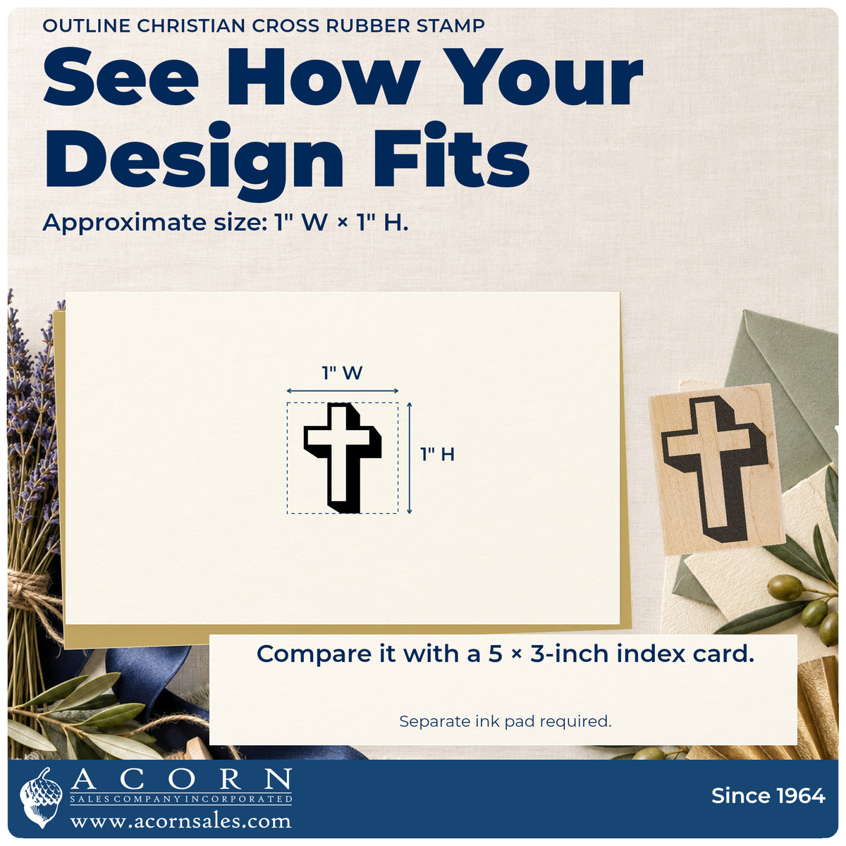 Outline Christian Cross Rubber Stamp impression-size guide showing the design on a paper reference with dimension labels.