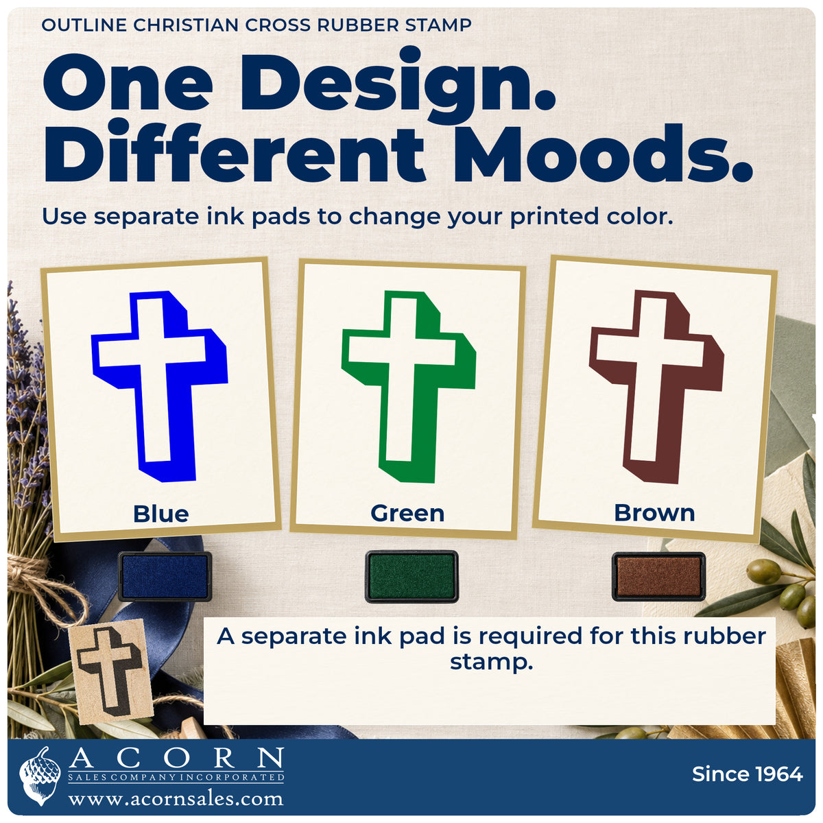 Outline Christian Cross Rubber Stamp ink-color infographic comparing three single-color impressions and a separate ink pad.