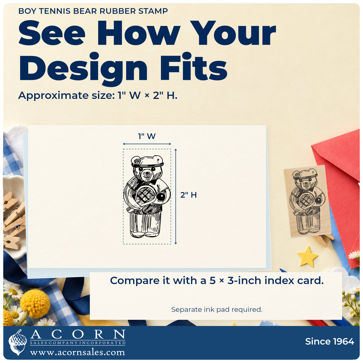 Boy Tennis Bear Rubber Stamp impression-size guide showing the design on a paper reference with dimension labels.