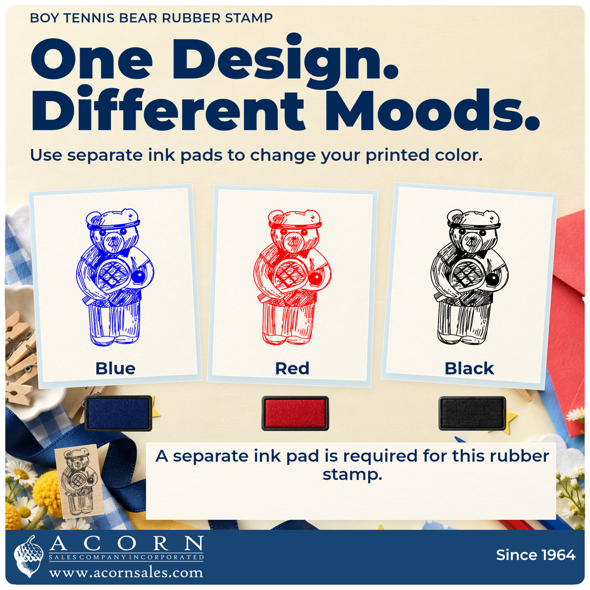 Boy Tennis Bear Rubber Stamp ink-color infographic comparing three single-color impressions and a separate ink pad.