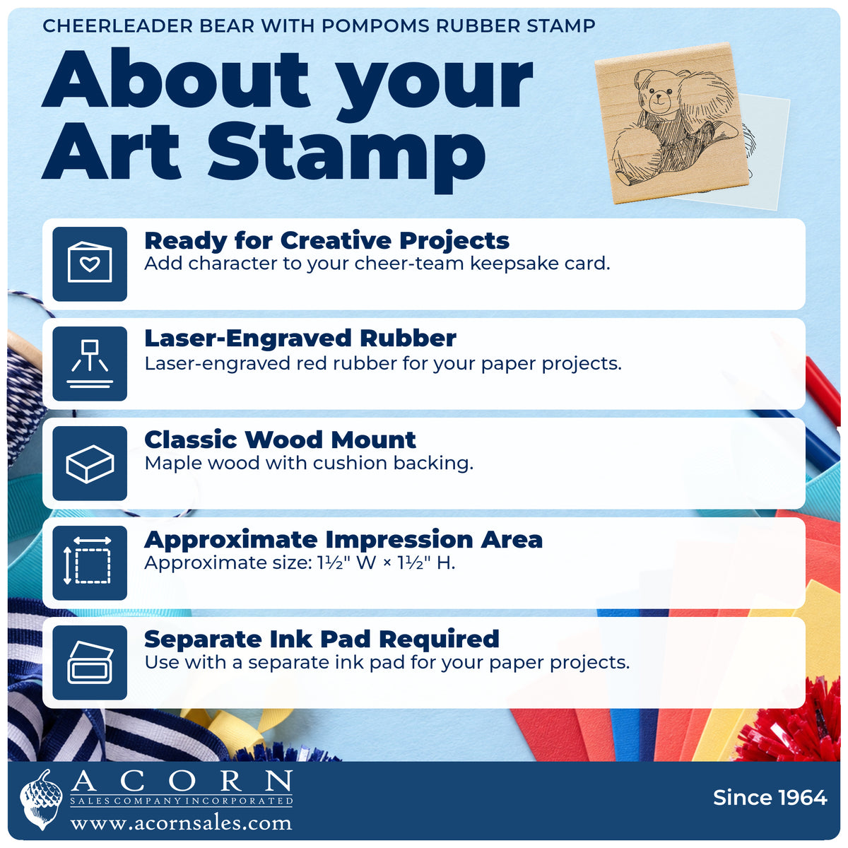 Cheerleader Bear with Pompoms Rubber Stamp feature guide covering the wood mount, rubber construction, approximate size and separate ink pad.