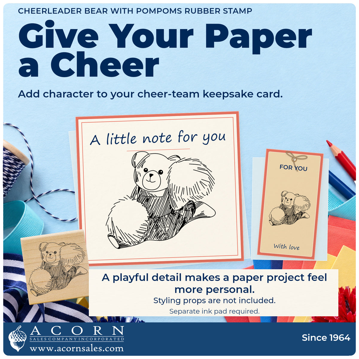 Cheerleader Bear with Pompoms Rubber Stamp project inspiration: cheer team keepsake card.