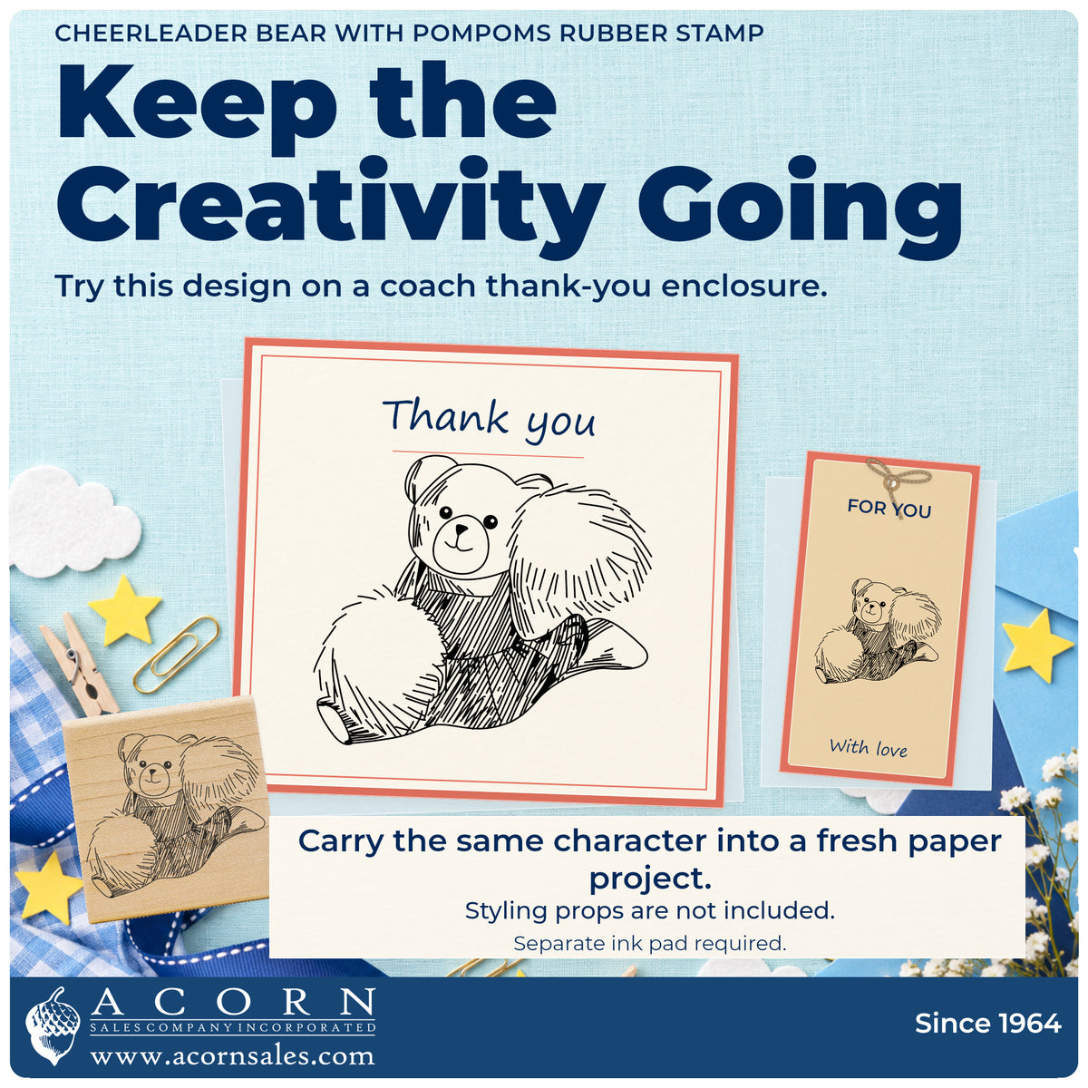 Cheerleader Bear with Pompoms Rubber Stamp project inspiration: coach thank you enclosure.