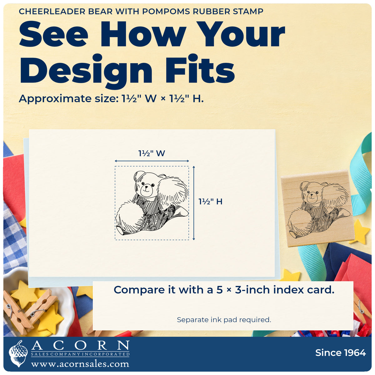 Cheerleader Bear with Pompoms Rubber Stamp impression-size guide showing the design on a paper reference with dimension labels.