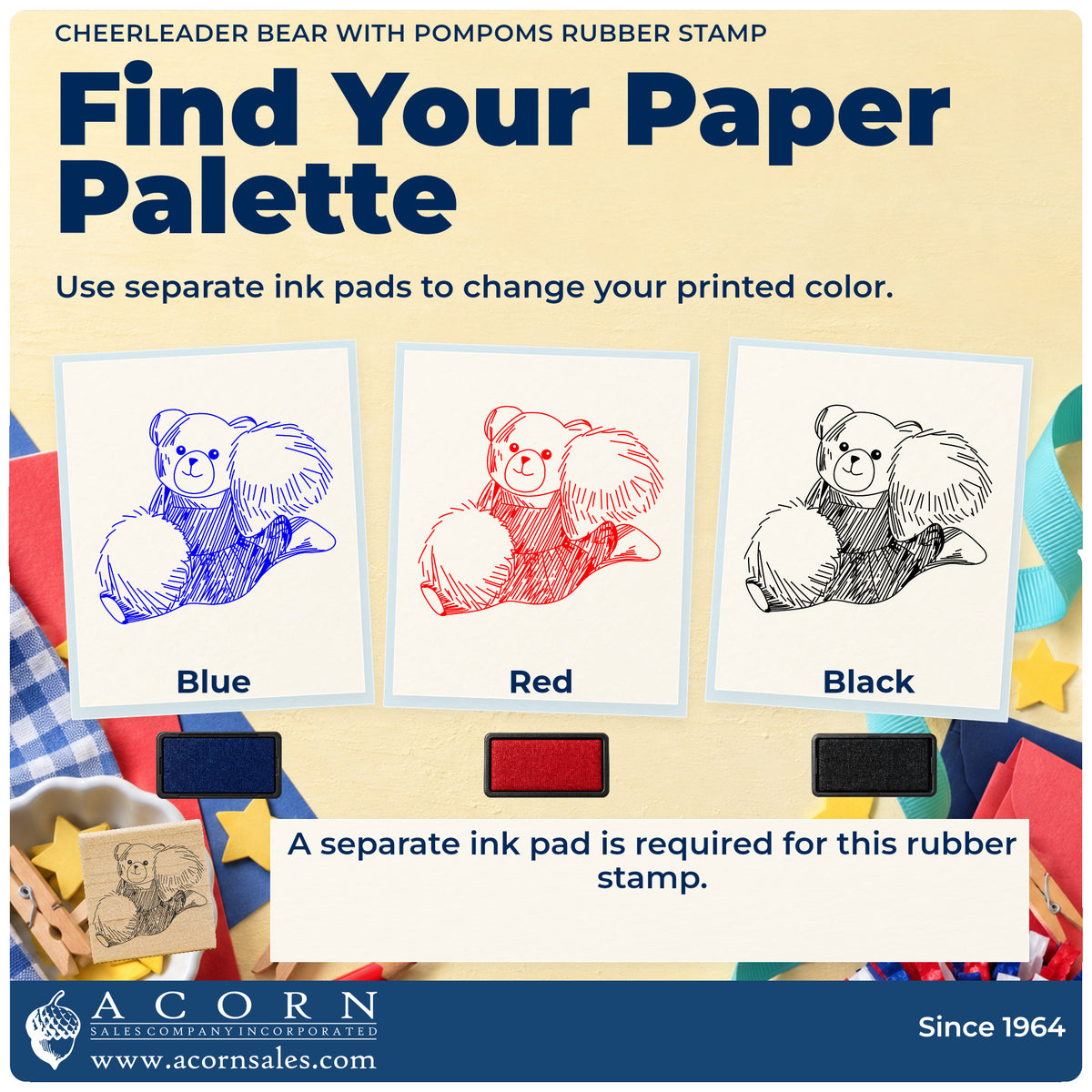 Cheerleader Bear with Pompoms Rubber Stamp ink-color infographic comparing three single-color impressions and a separate ink pad.