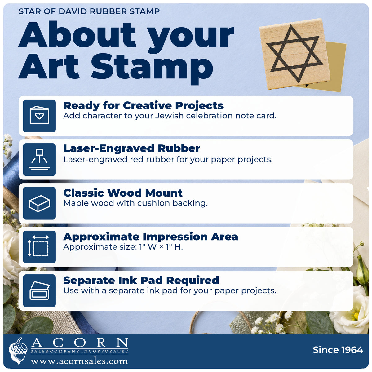 Star of David Rubber Stamp feature guide covering the wood mount, rubber construction, approximate size and separate ink pad.